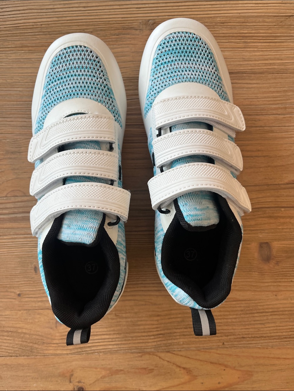 Amazon Light Blue and White Peloton Bike Shoes with Triple Hook-and-Loop Straps